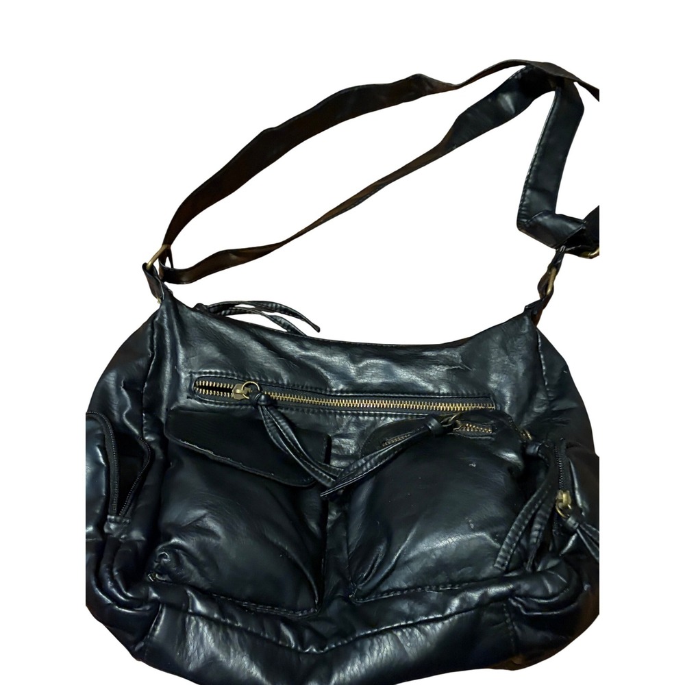 Multi-Pocket Crossbody Bag Grunge Utility‎ Black Faux Leather NWD